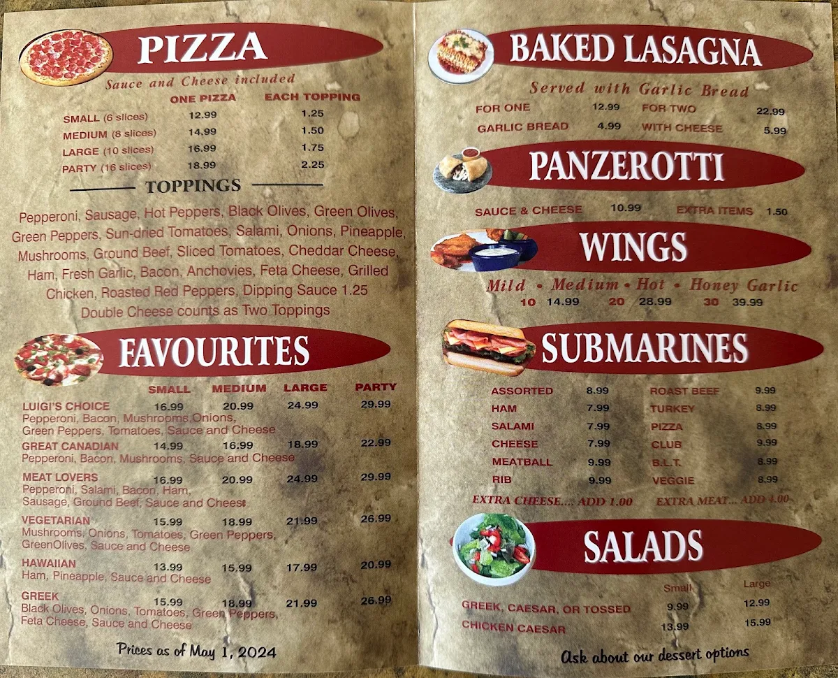Menu, Luigi's Pizzeria