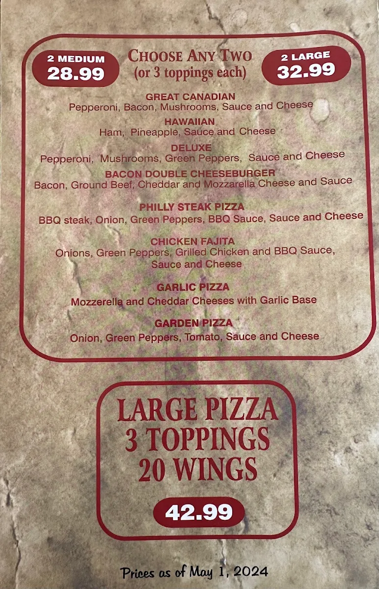 Menu, Luigi's Pizzeria