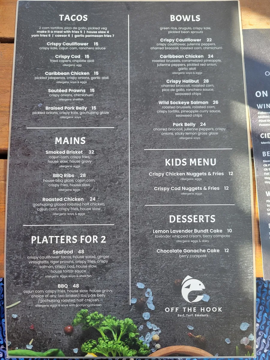 Menu, Off The Hook Nanaimo