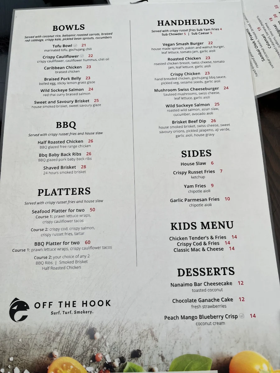 Menu, Off The Hook Nanaimo