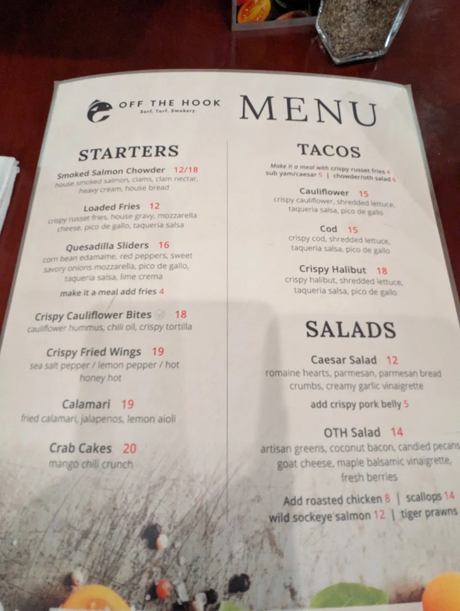 Menu, Off The Hook Nanaimo