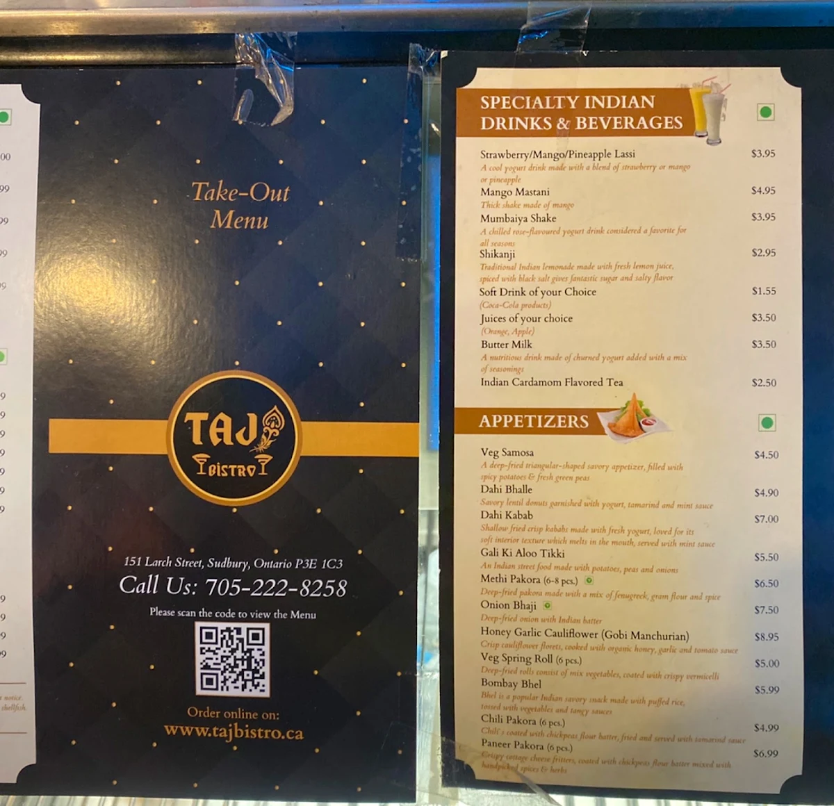 Menu, Taj Bistro-Sudbury