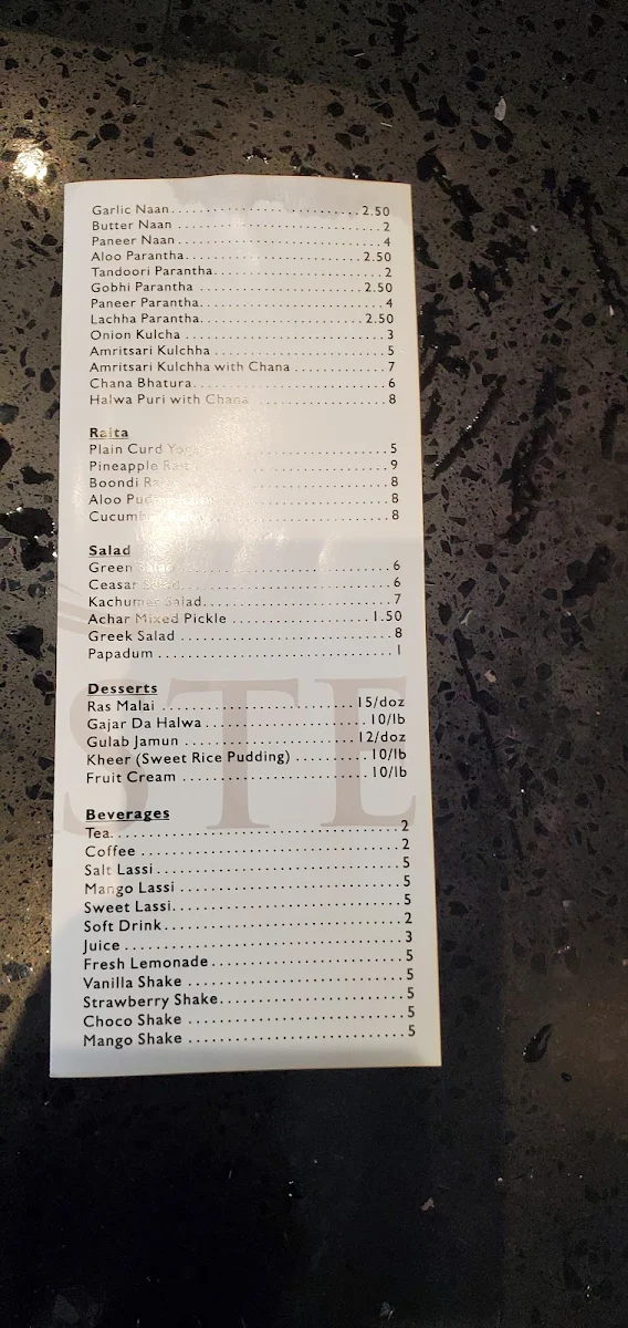 Menu, Indias Taste Markham