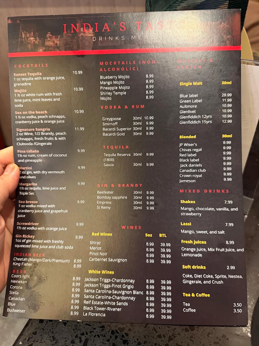 Menu, Indias Taste Markham