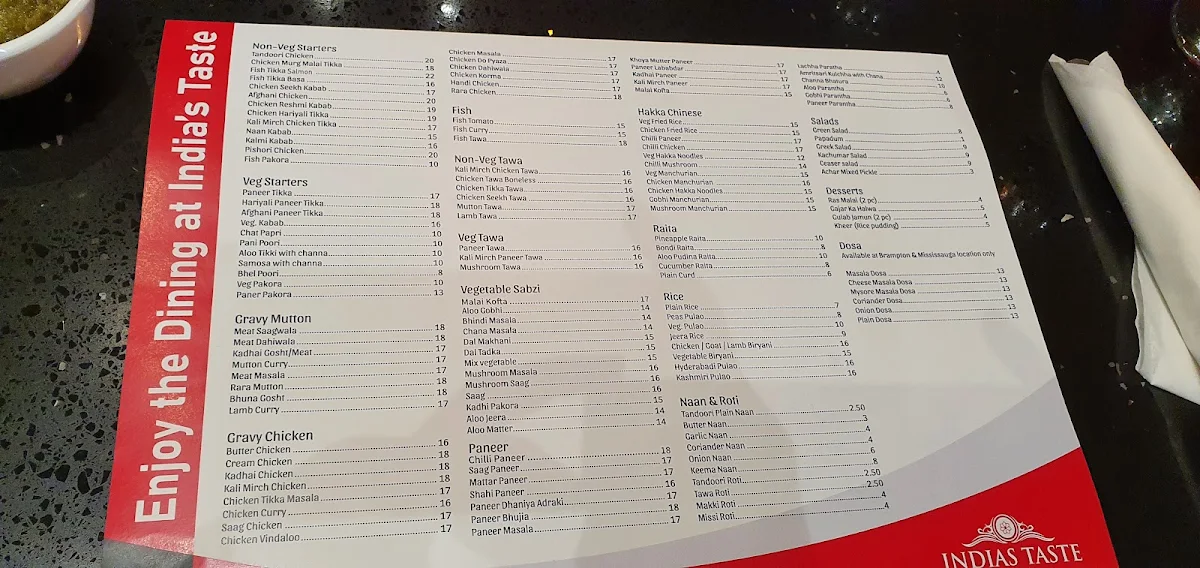 Menu, Indias Taste Markham