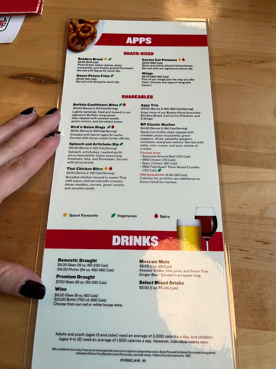 Menu, Boston Pizza