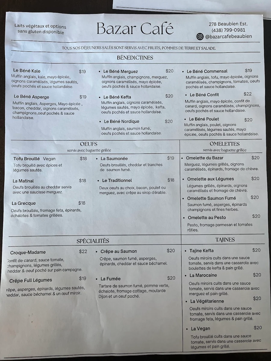 Menu, Bazar Café