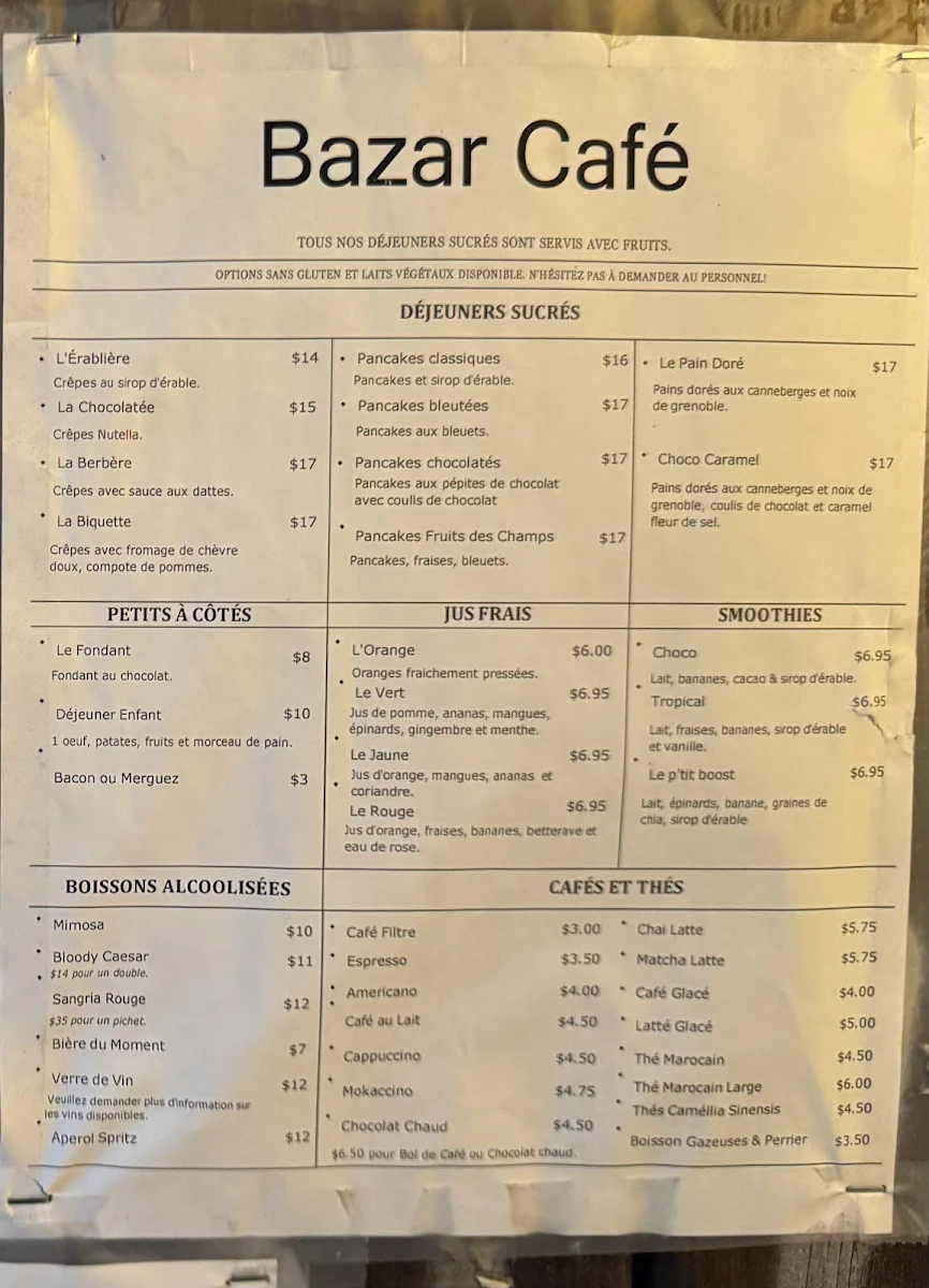 Menu, Bazar Café