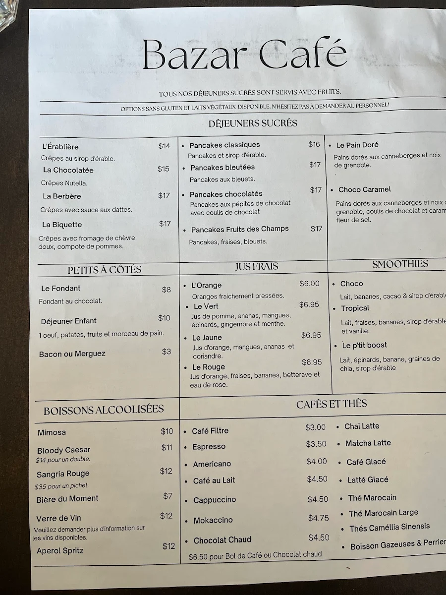 Menu, Bazar Café