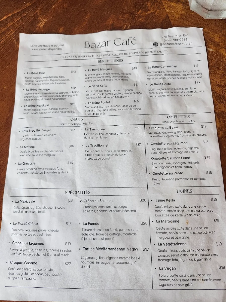 Menu, Bazar Café