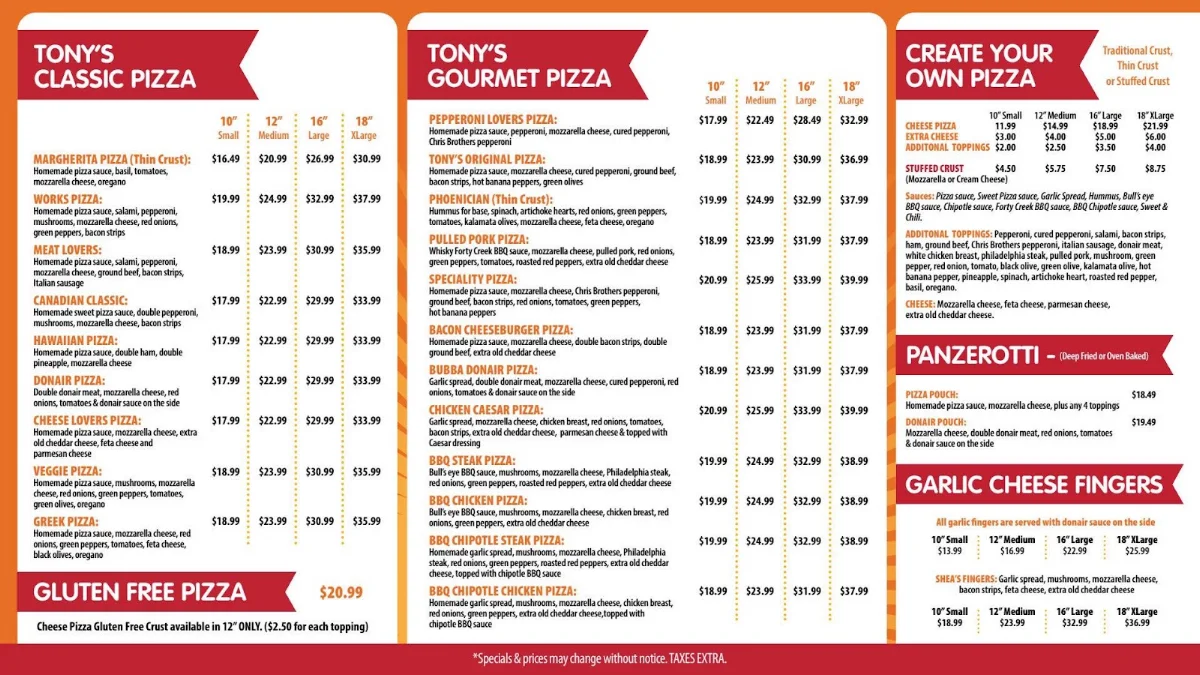 Menu, Tony Pepperoni Gourmet Pizza - Fredericton South Side