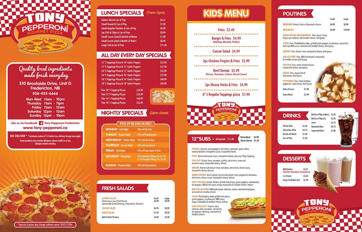 Menu, Tony Pepperoni Gourmet Pizza - Fredericton South Side