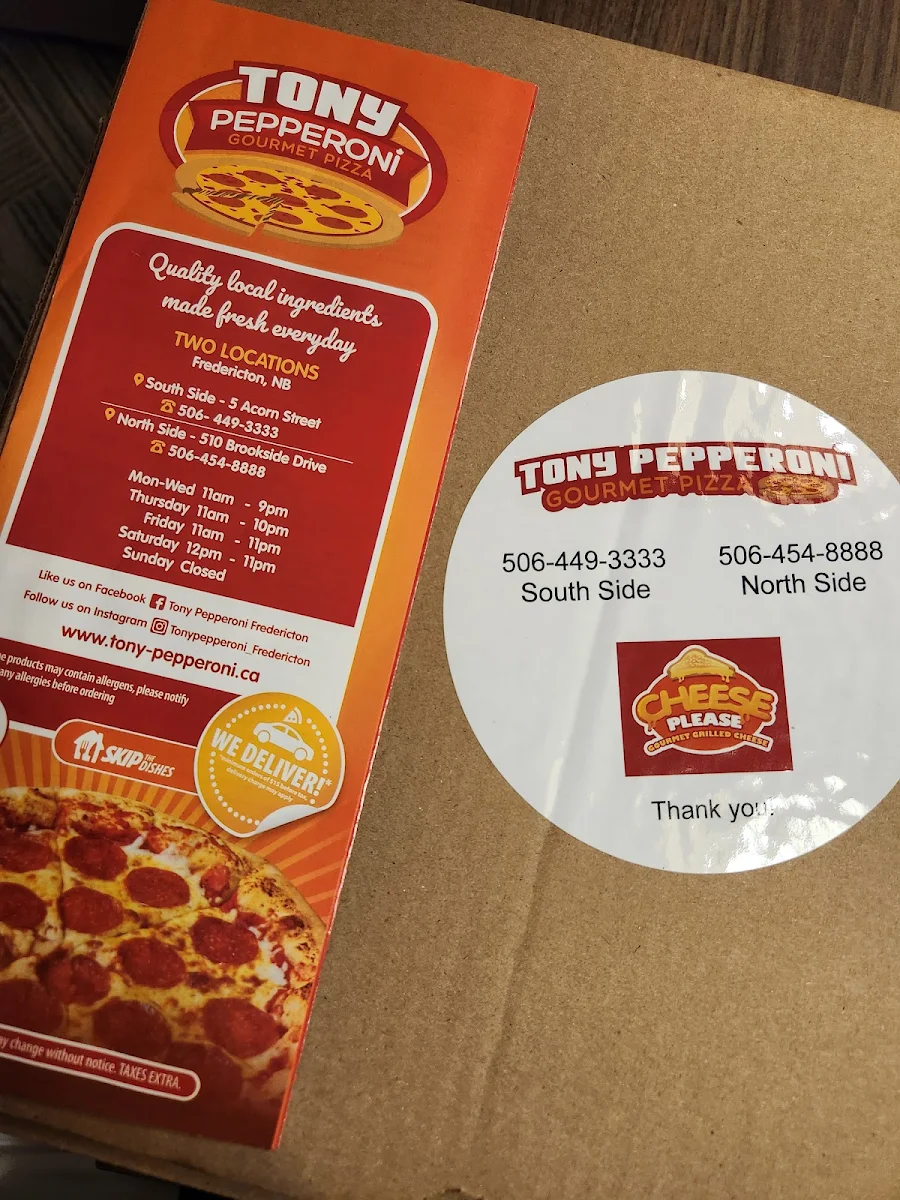 Menu, Tony Pepperoni Gourmet Pizza - Fredericton South Side