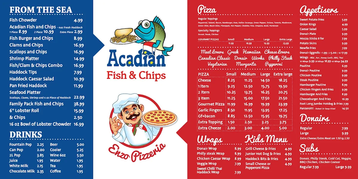 Menu, Acadian Fish and Chips & Enzo Pizzeria - Hammonds Plains