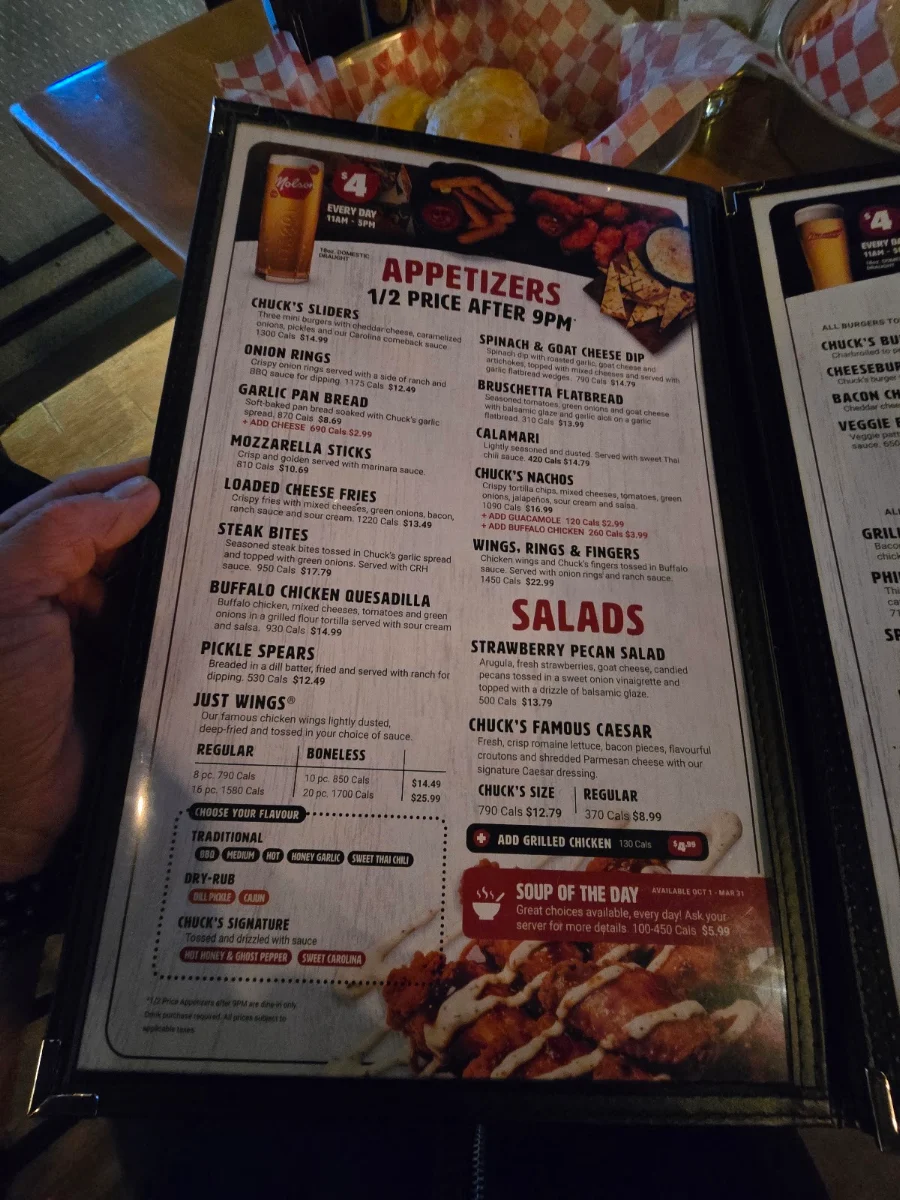 Menu, Chuck’s Roadhouse Bar and Grill