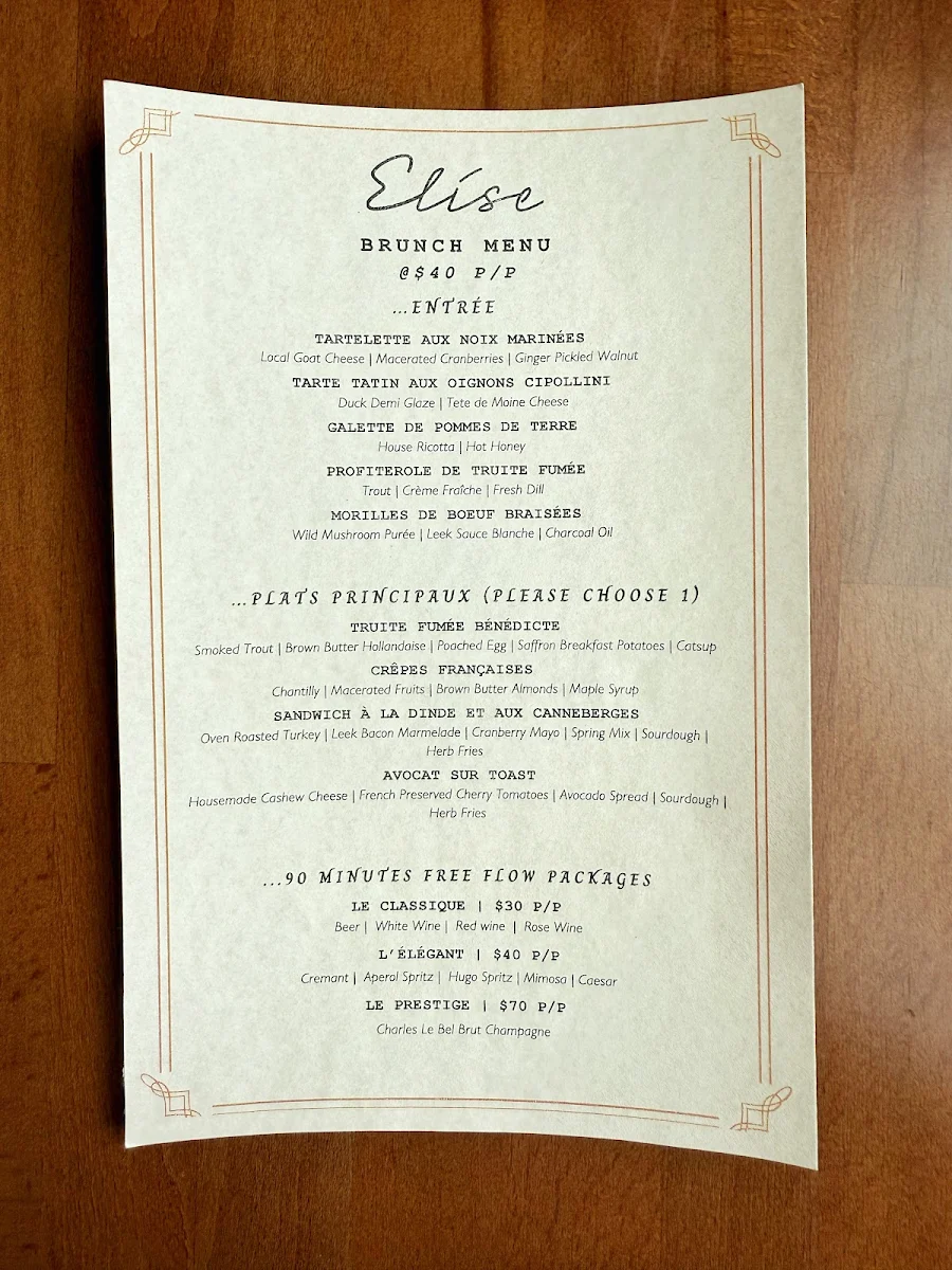 Menu, Elise Restaurant