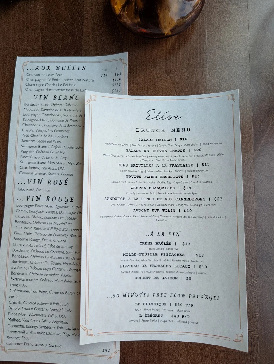 Menu, Elise Restaurant