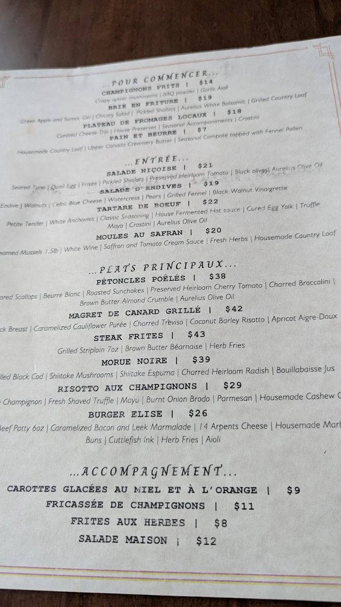 Menu, Elise Restaurant
