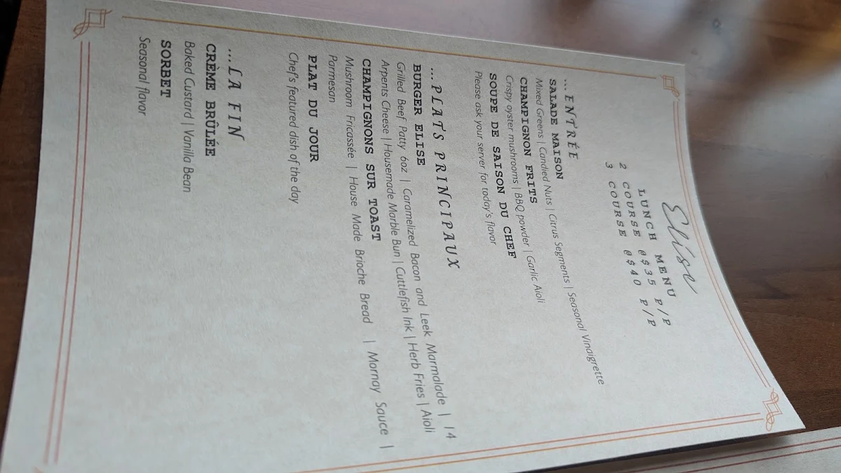Menu, Elise Restaurant