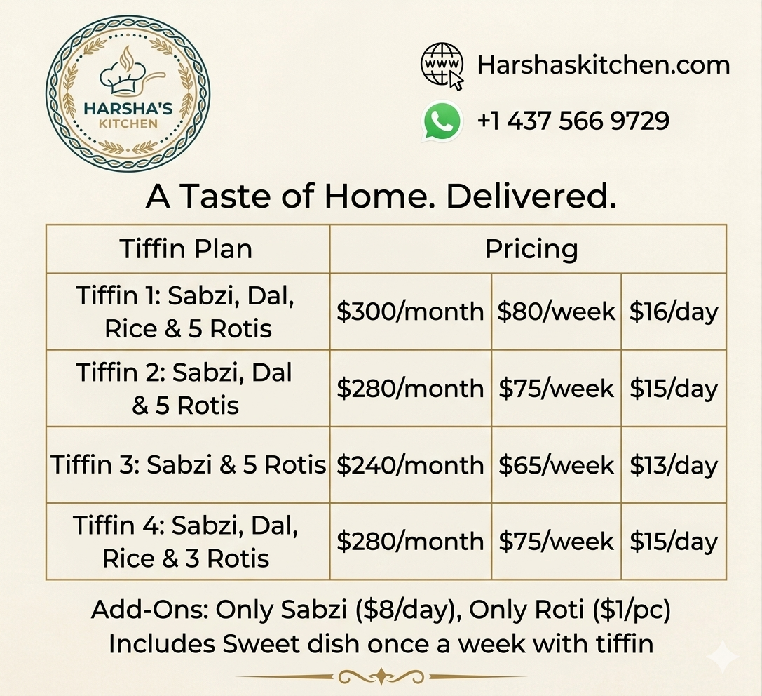Menu, Harsha's Kitchen Toronto