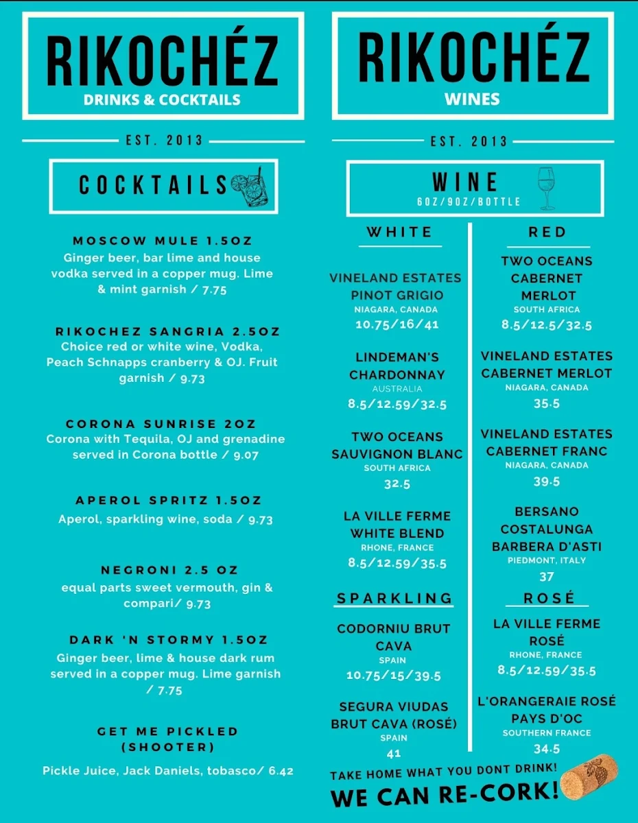 Menu, Rikochez Pub & Eatery