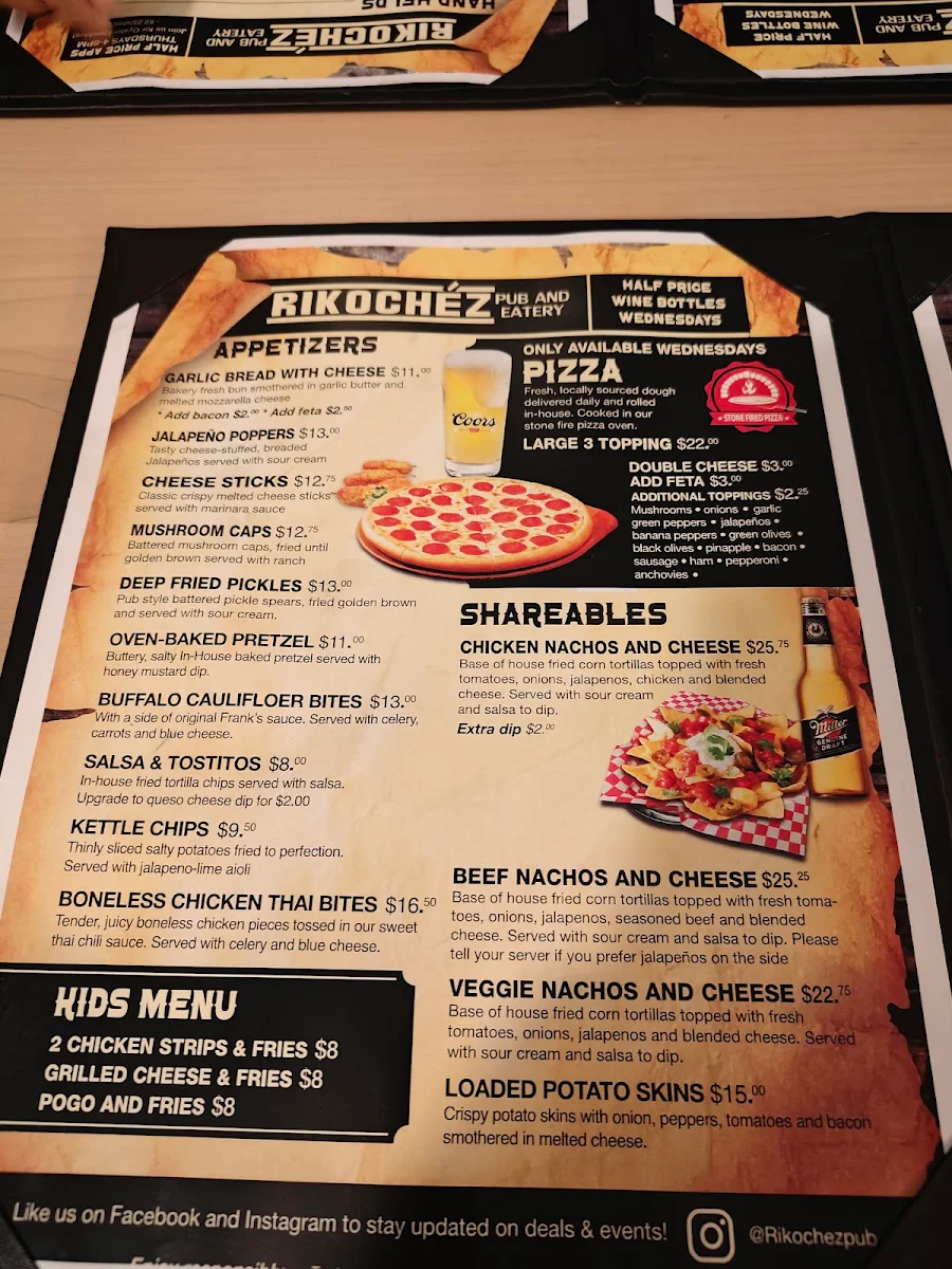 Menu, Rikochez Pub & Eatery