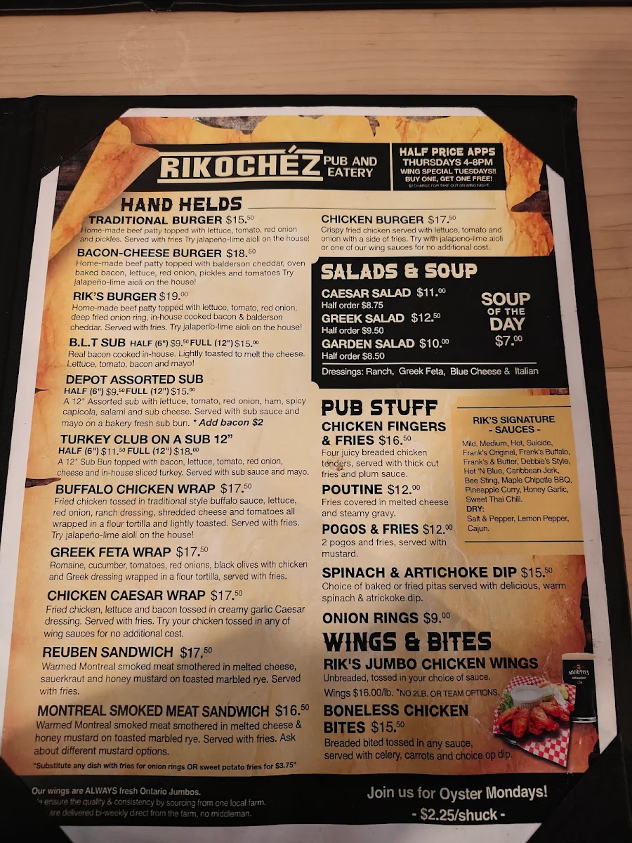 Menu, Rikochez Pub & Eatery