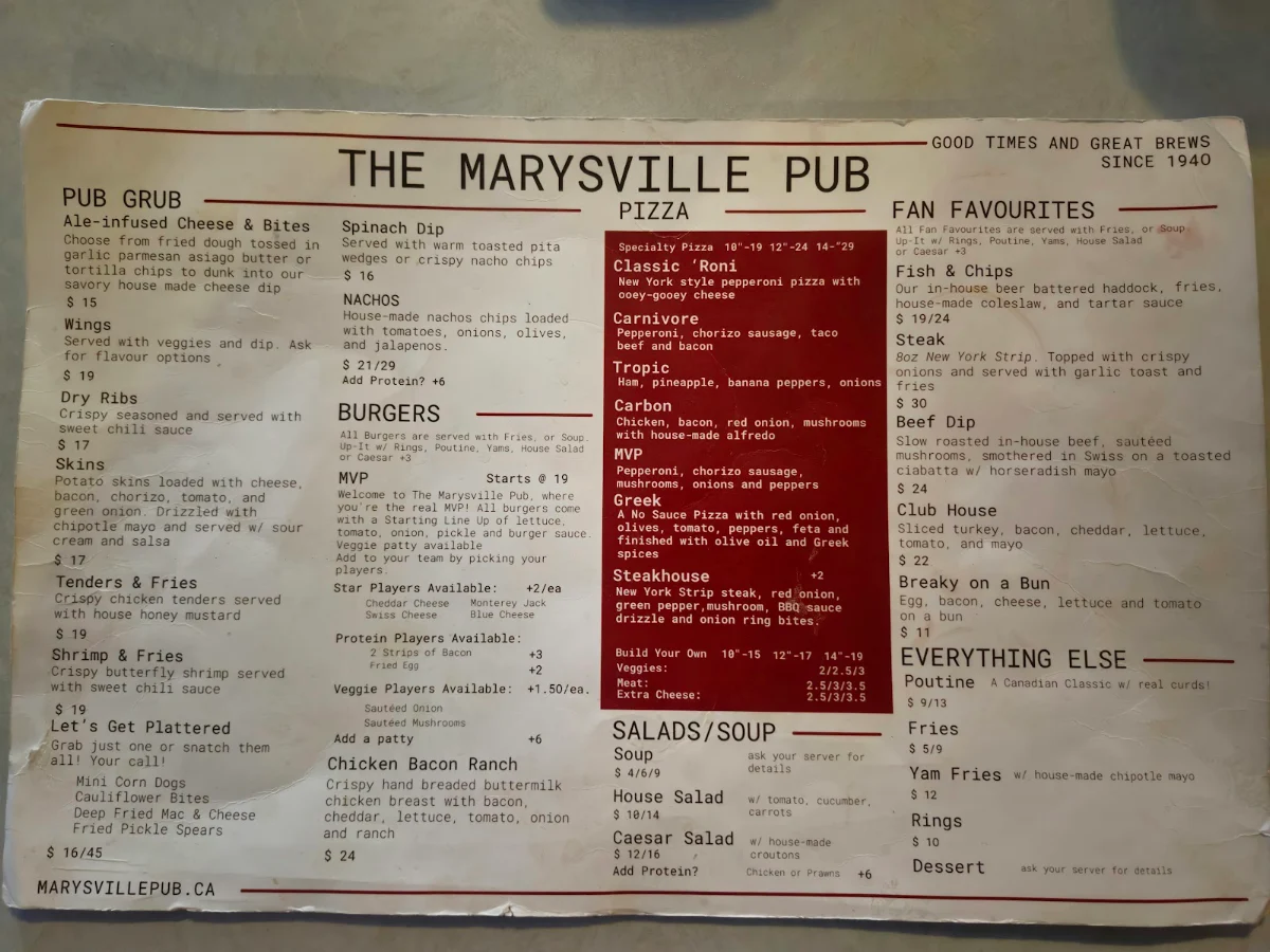 Menu, The Marysville Pub