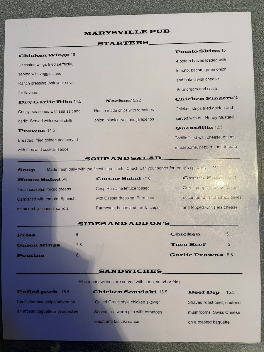 Menu, The Marysville Pub