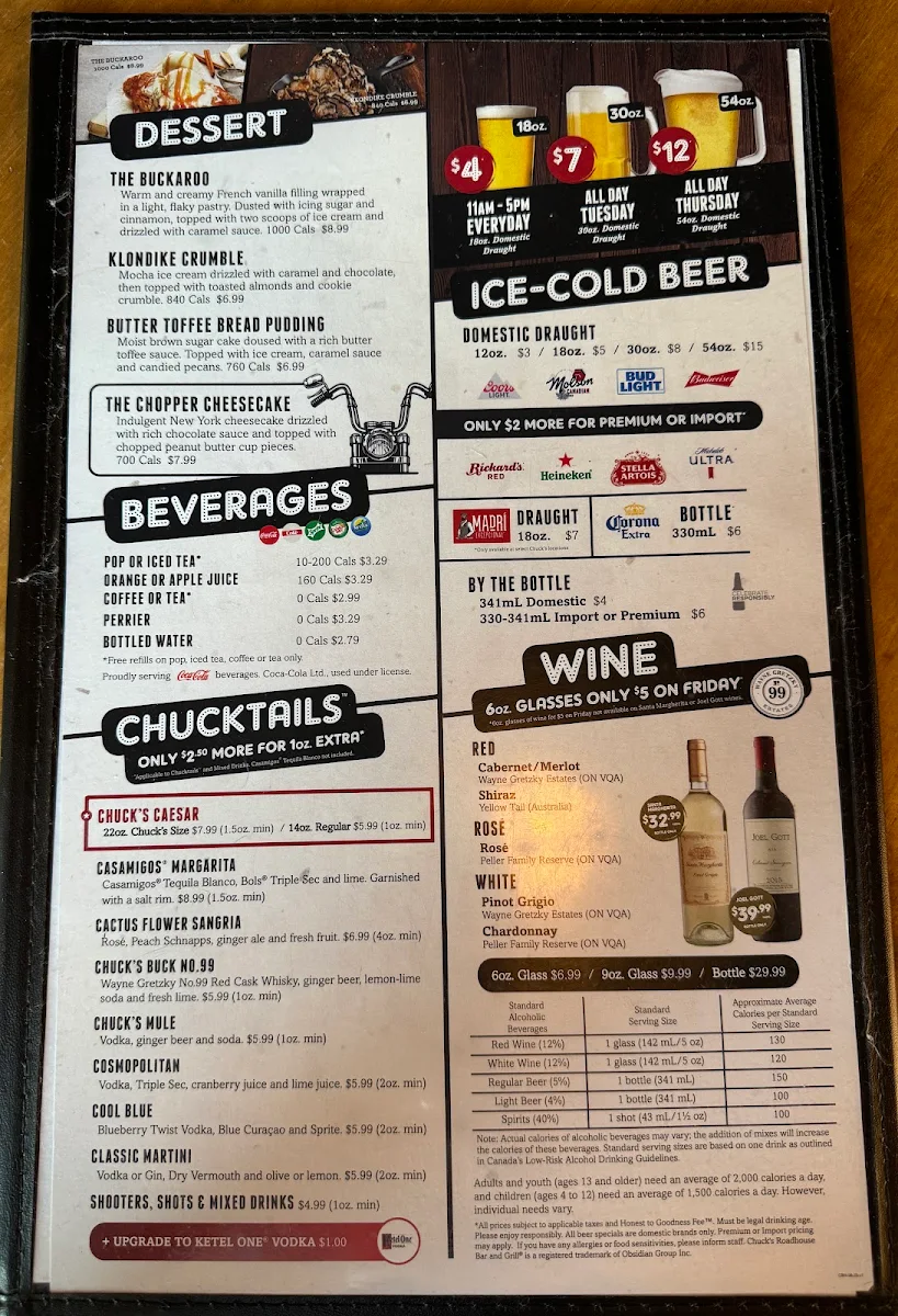 Menu, Chuck's Roadhouse Bar and Grill