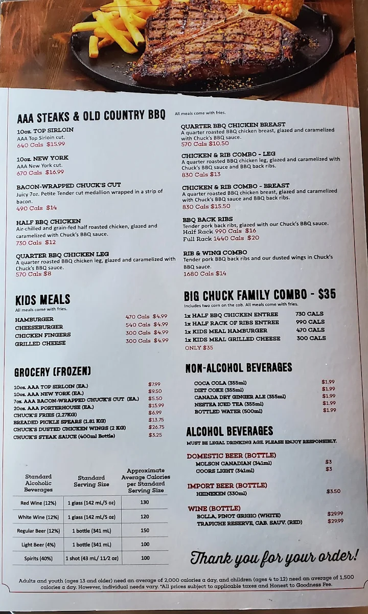 Menu, Chuck's Roadhouse Bar and Grill