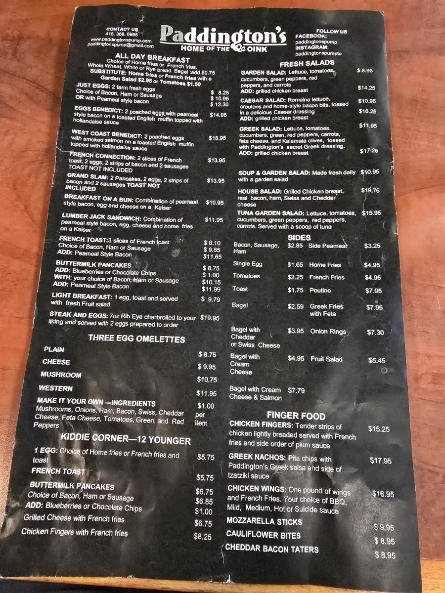 Menu, Paddington's Pump