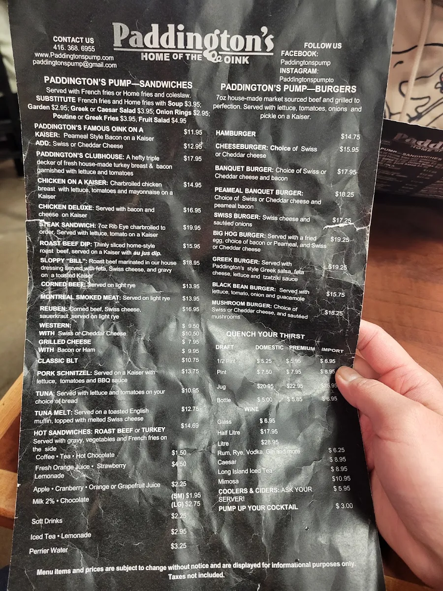 Menu, Paddington's Pump