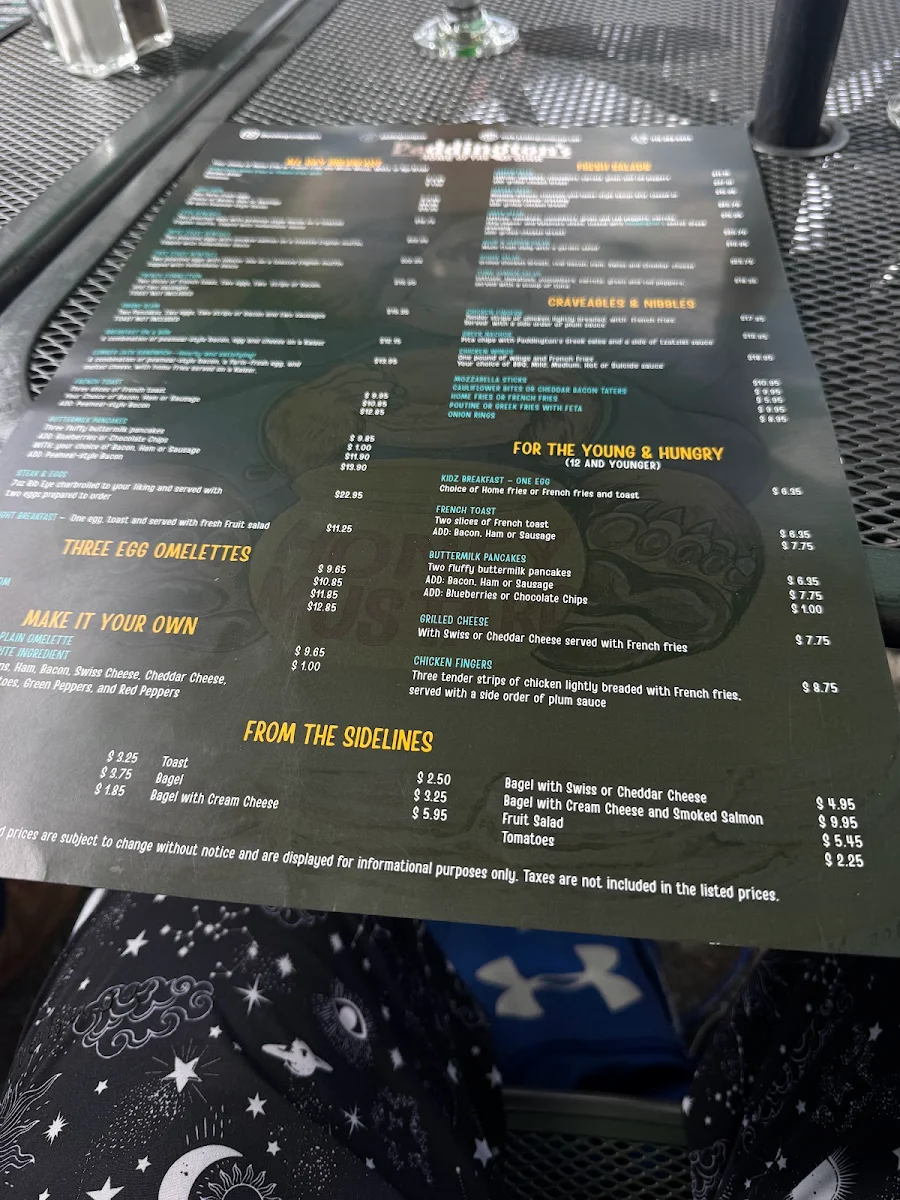 Menu, Paddington's Pump