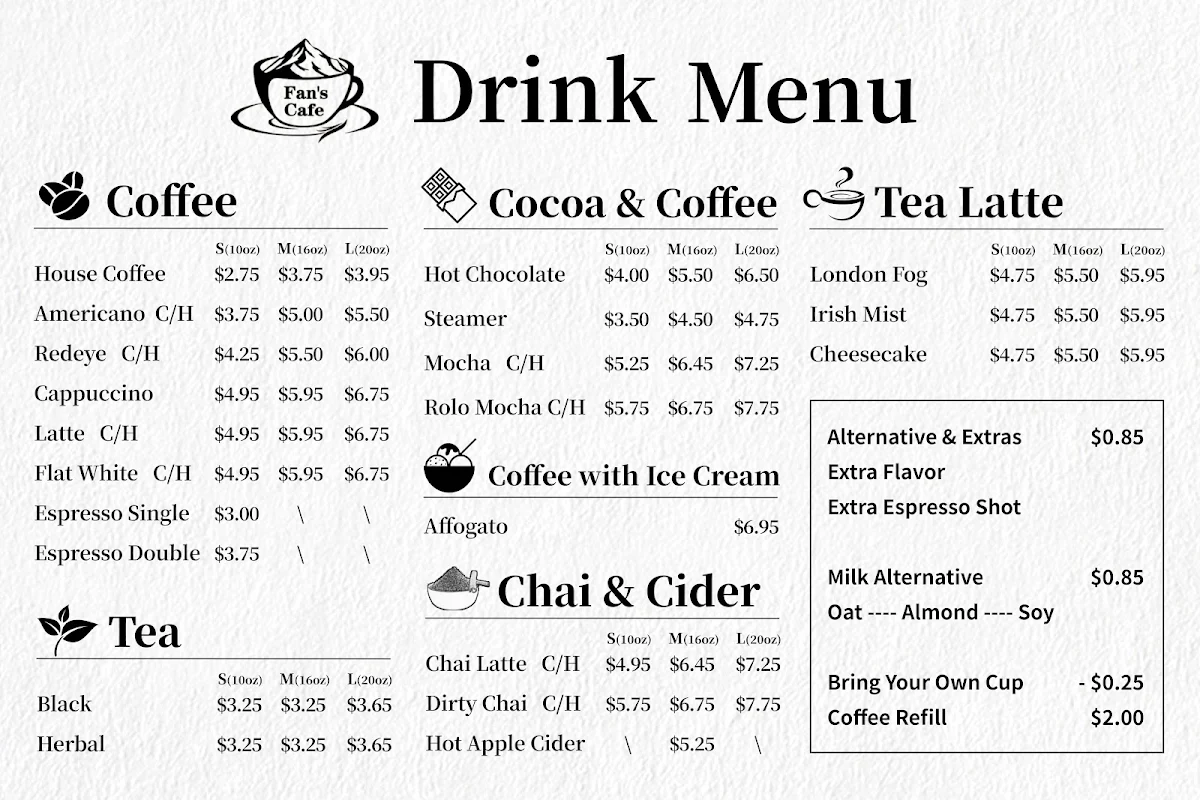 Menu, Fan’s Cafe