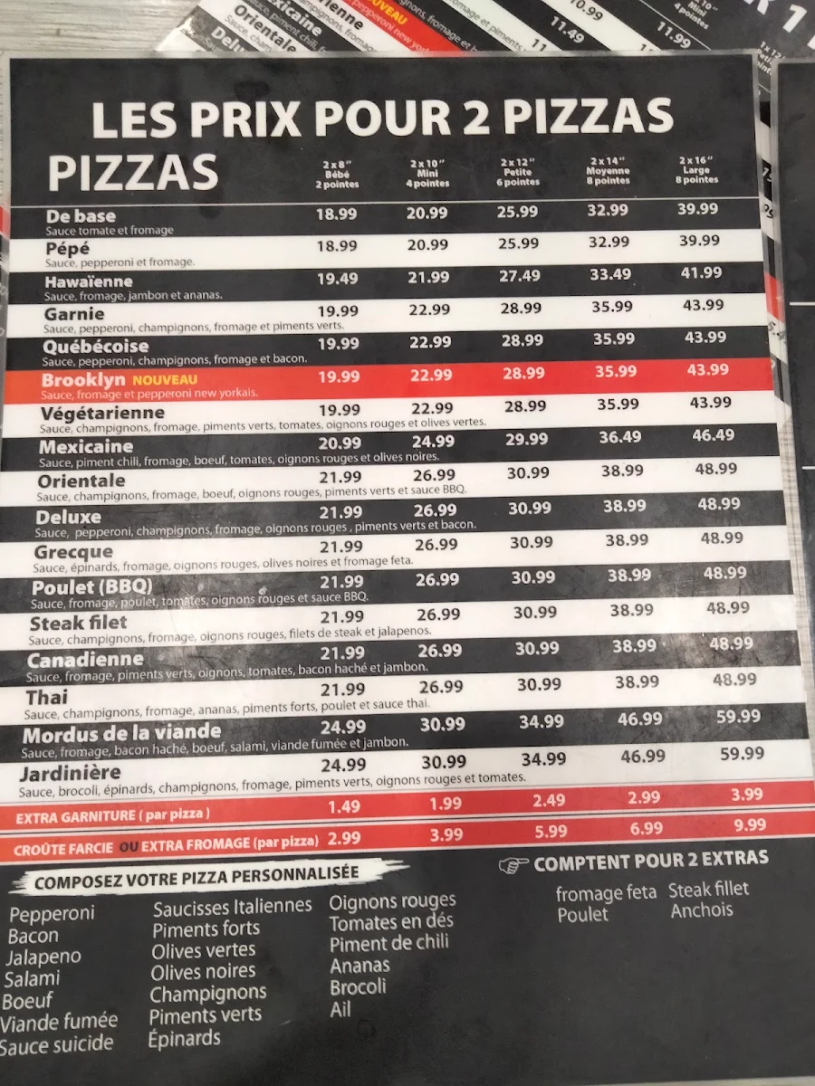 Menu, Urbaine Pizza (2 Pour 1 Pizzas)