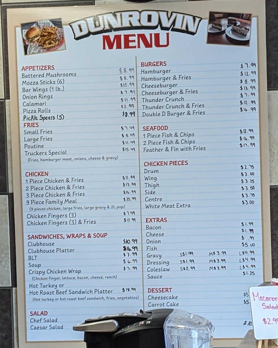 Menu, Dunrovin Take Out