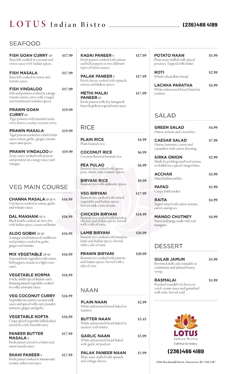 Menu, Lotus Indian Bistro