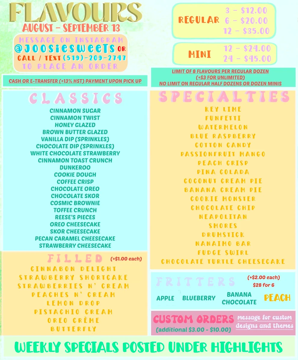 Menu, Joosie Sweets