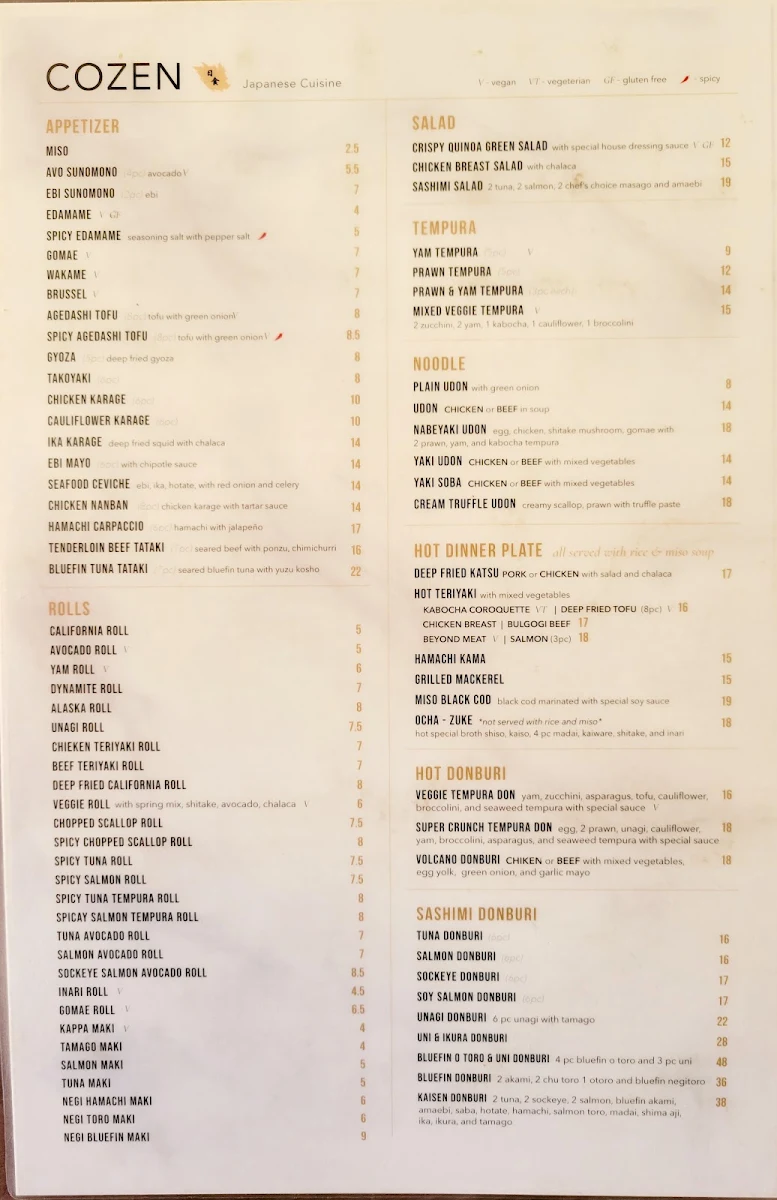 Menu, Cozen Japanese Cuisine