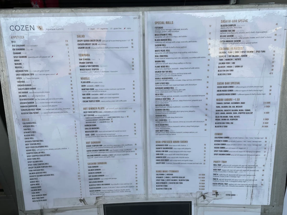 Menu, Cozen Japanese Cuisine