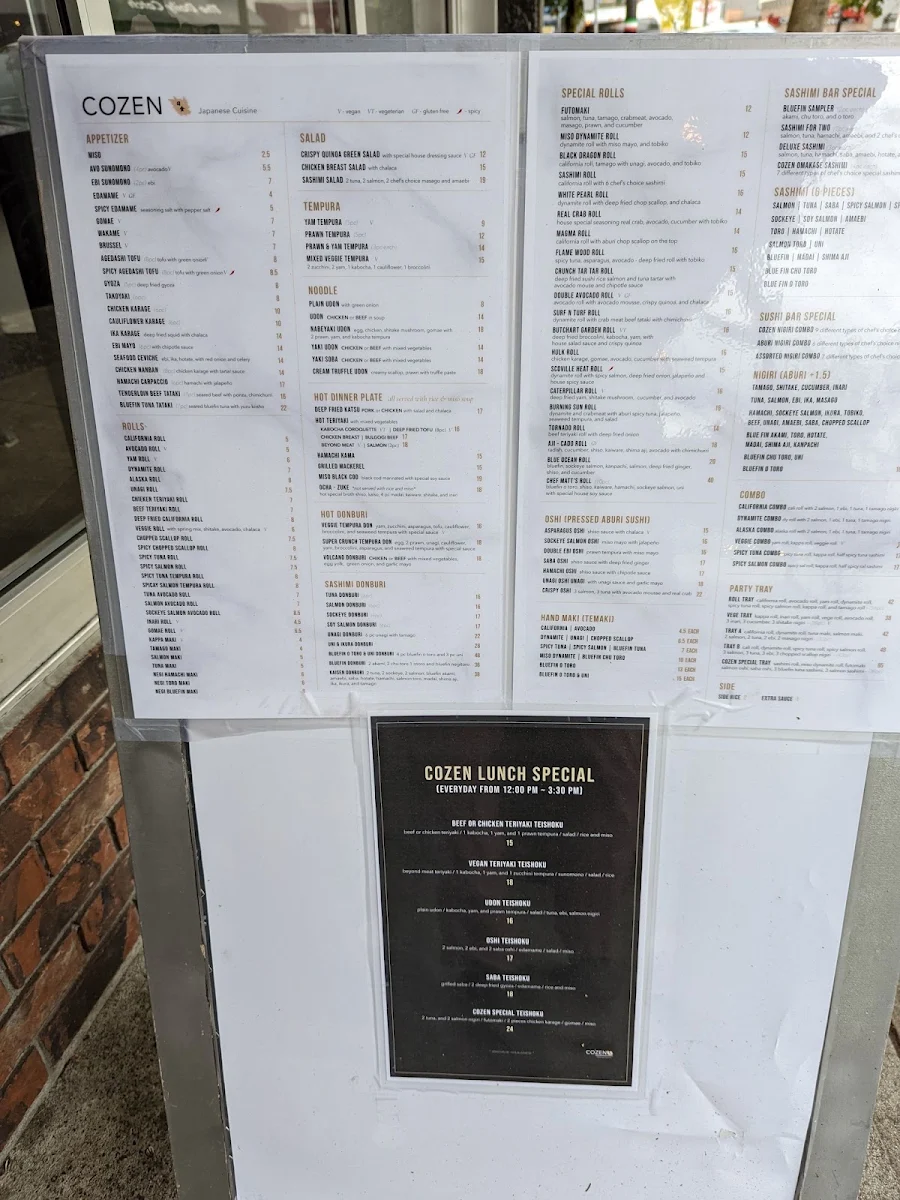 Menu, Cozen Japanese Cuisine