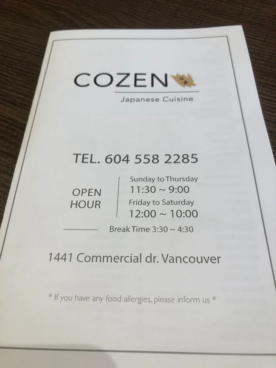 Menu, Cozen Japanese Cuisine