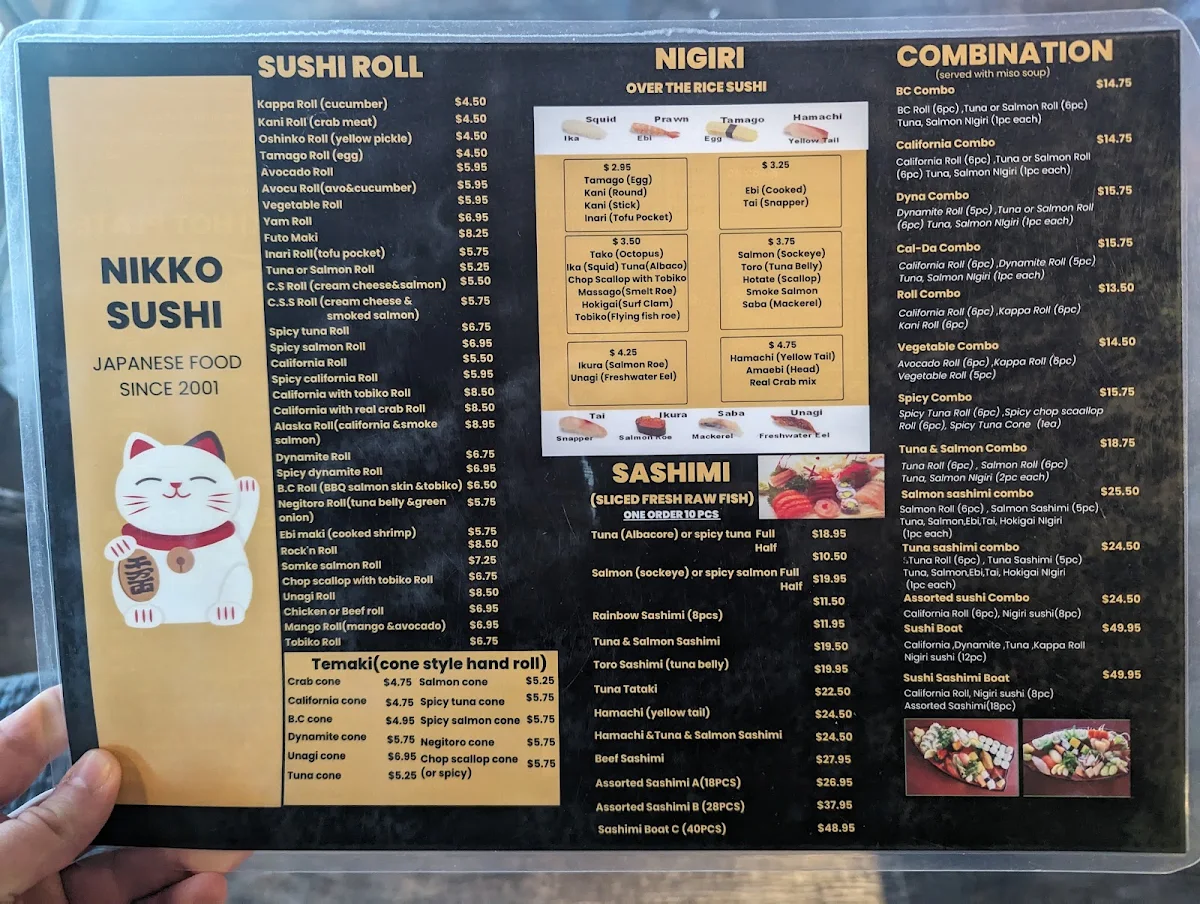Menu, Nikko Sushi