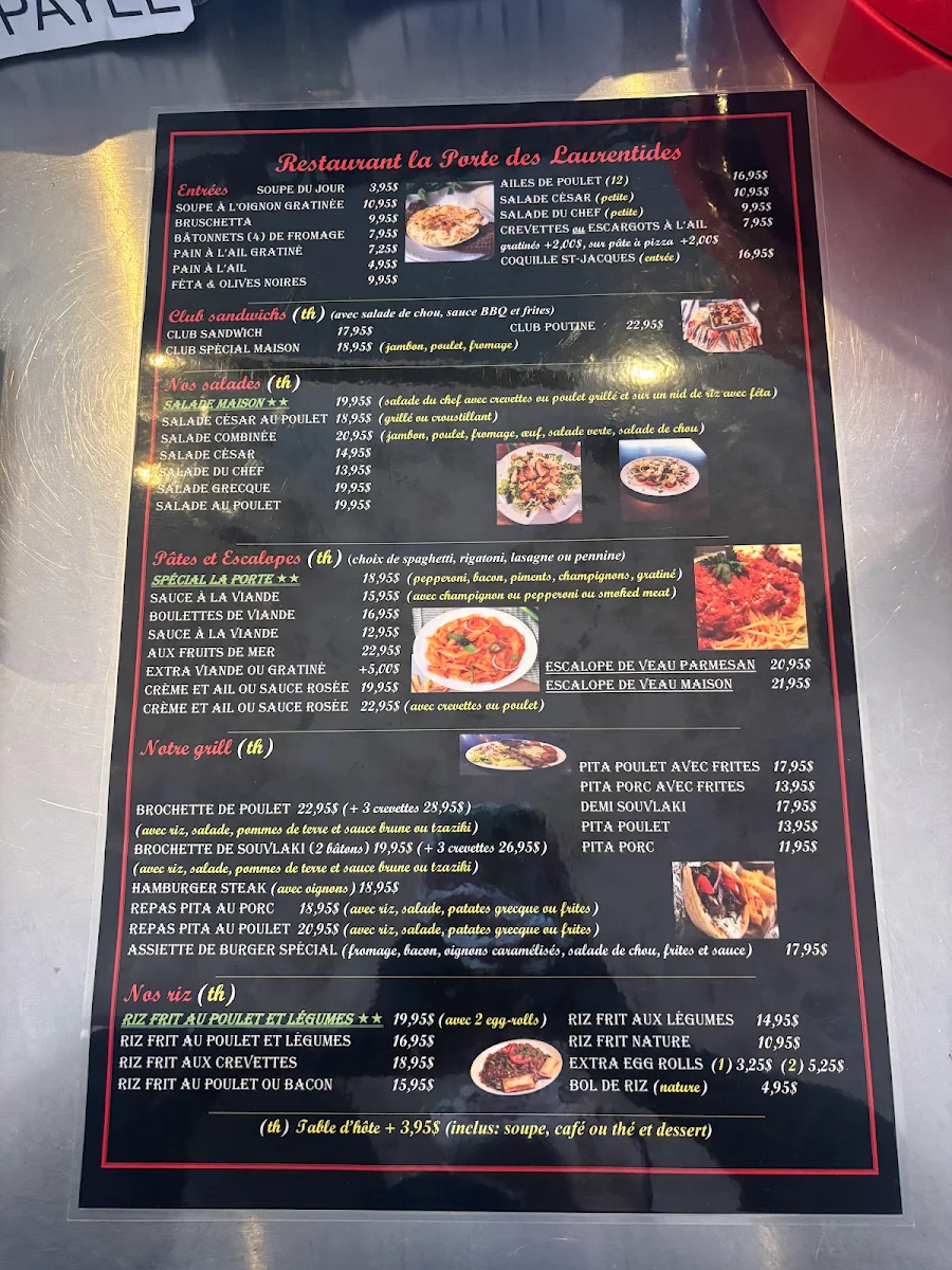 Menu, Restaurant la Porte des Laurentides