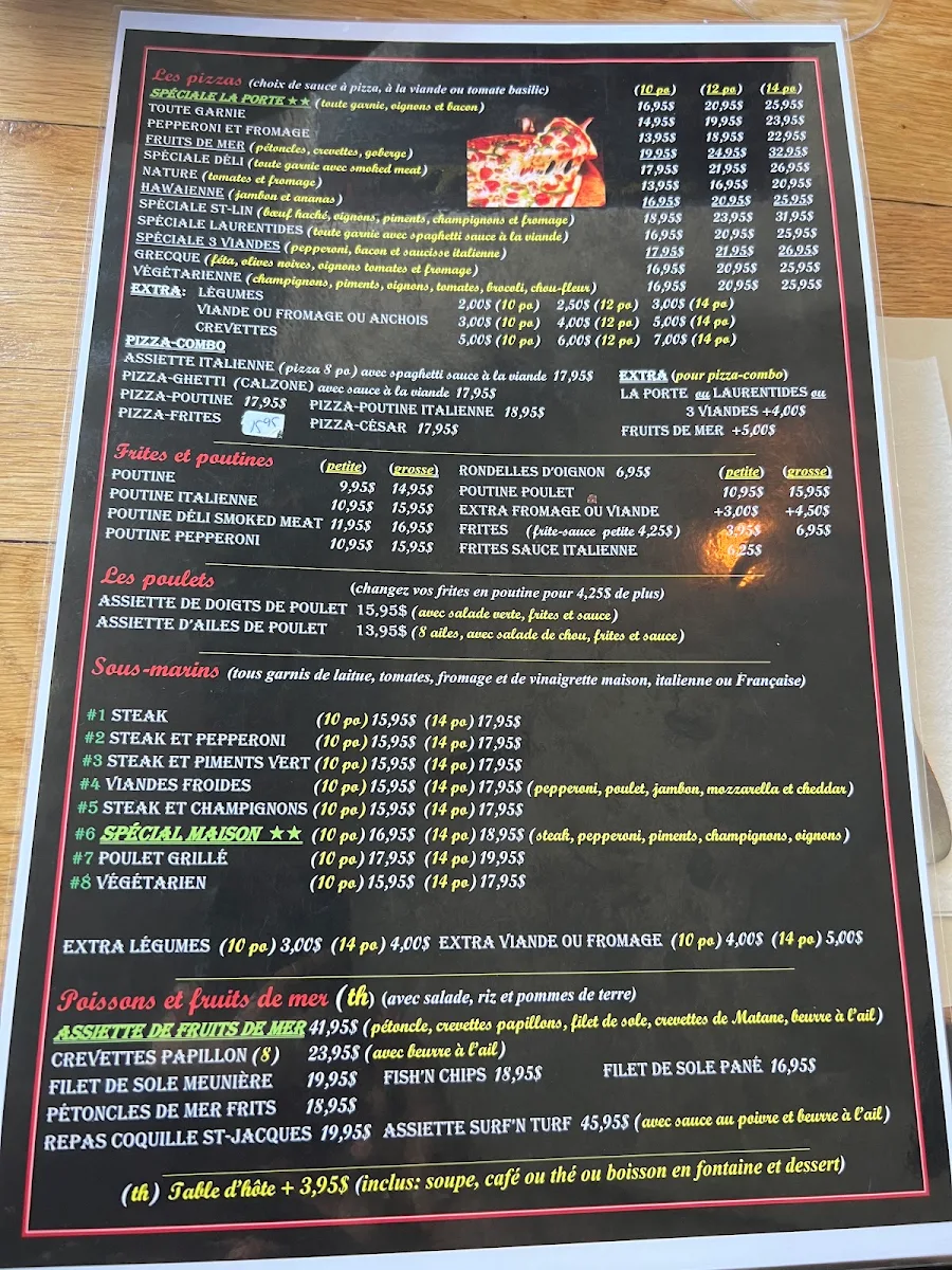 Menu, Restaurant la Porte des Laurentides