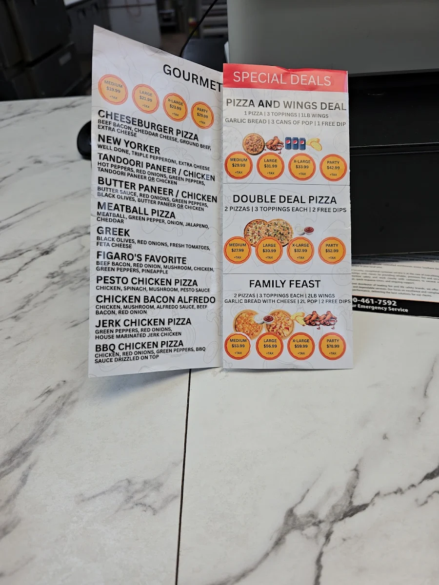 Menu, Figaro's Pizza Waterloo