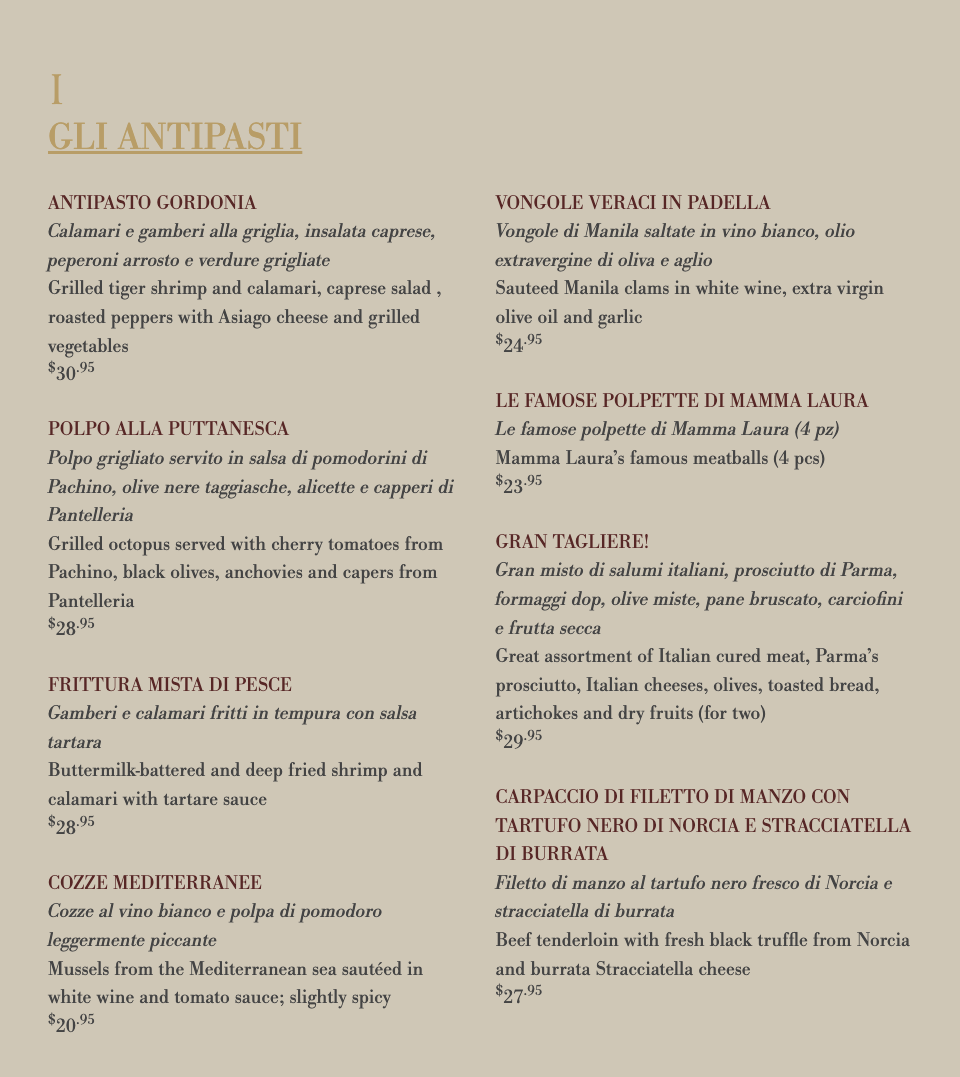Menu, Ristorante Sotto Sotto