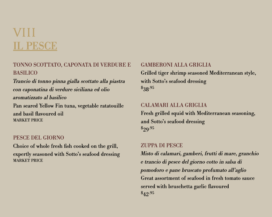Menu, Ristorante Sotto Sotto