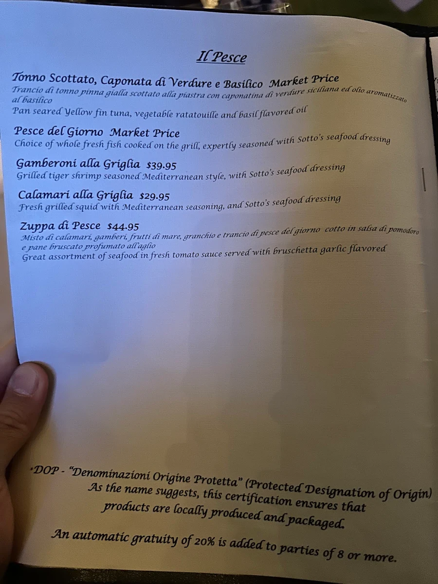 Menu, Ristorante Sotto Sotto